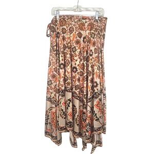 Vintage Sirena Floral Paisley Wrap Skirt Brown Orange Boho Midi 70s Style Large